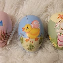 Set of 3 Vintage Wooden Painted Easter Egg Ornaments
