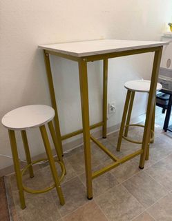 Finnhomy 3-Piece Faux Marble Bar Table Set with Gold Metal Frame