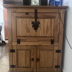 Rustic Wooden Bar Cabinet with Fold-Down Table – $150