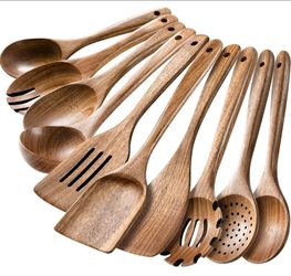 HSM Wooden Spoons for Cooking – 10-Piece Wooden Utensil Set, Non-Stick Safe, Easy-to-Clean Natural Acacia Wood Kitchen Utensils, Ideal for Cooking, St