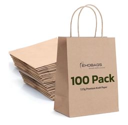 100 Pack of Kraft Paper Gift Bags with handles, 8.6x4.1x10.4 inches, Retail & Party Favors, Recyclable, Holds up to 6 lbs - Brown