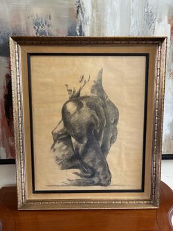Vintage MCM Academic Figure Study Seated Male Torso Charcoal Drawing Antique Anatomy Art-Unsigned-20 1/4” x 23 7/8”