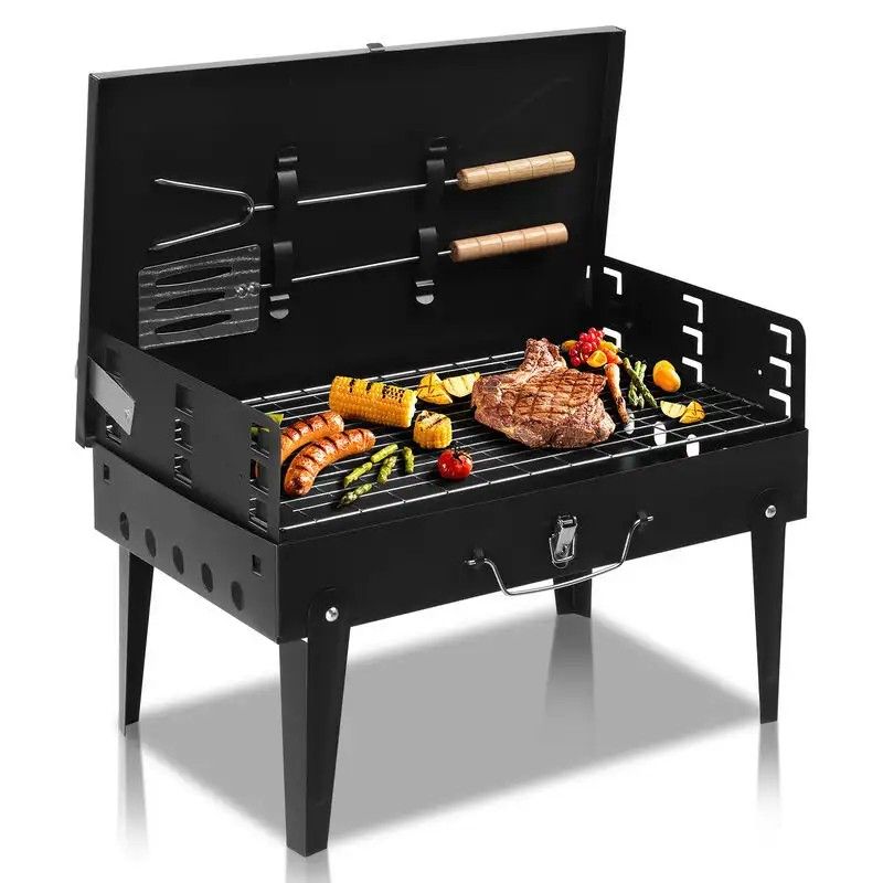 Square Charcoal BBQ Grill, Portable Outdoor Barbecue Cooker