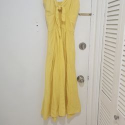 Yellow Linen Maxi Dress with Bow Detail