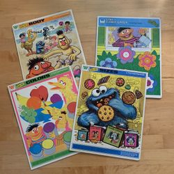 4 SESAME STREET First Frame-Tray Puzzles From The 1970’s: COLORS, SIZES, BODY and GARDEN