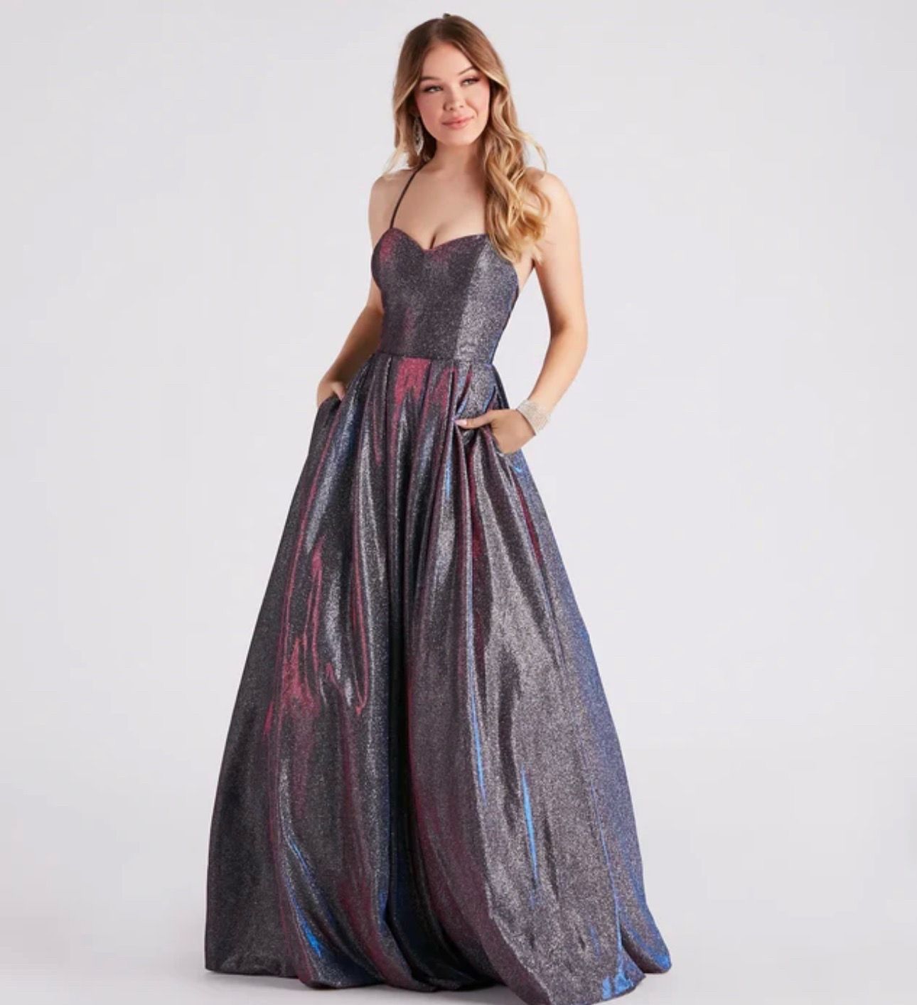 Long Glitter Prom Dress with Pockets Spaghetti Straps Evening Gown