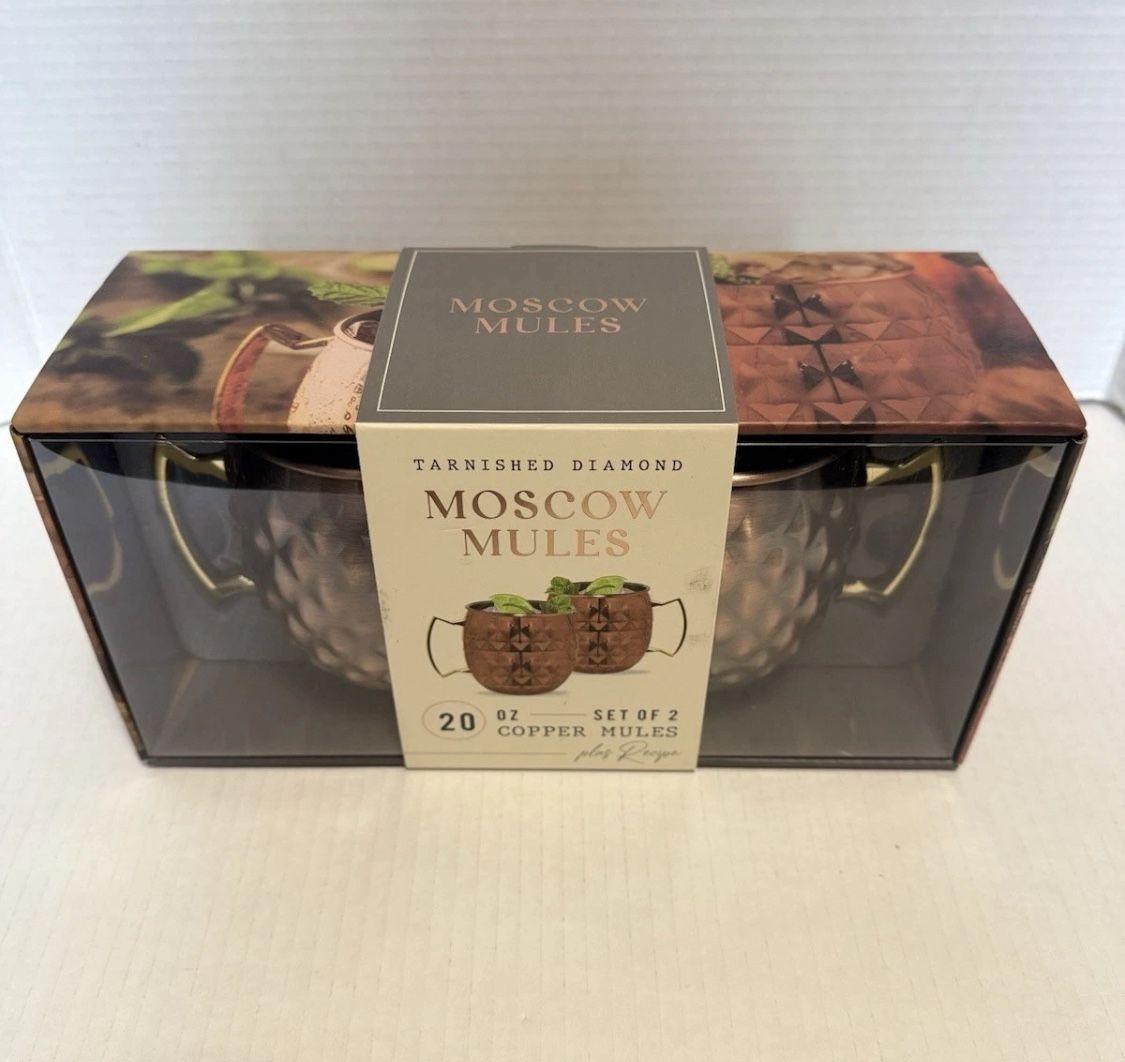  Moscow Mule Mugs~Set Of 2~Cups Hammered Copper w/ Brass Handle 20 Oz~NEW in BOX