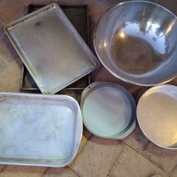Aluminum baking pans, large steel mixing bowl