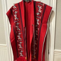 Mexican Tribal Sweater Poncho-Blanket Coat vtg 70s Red Knit Fringe southwest boho