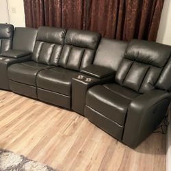 $0 Down !  New Power Reclining Sectional .  Grey Gel Leatherette .  138” X 38”.  Free Delivery !