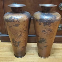 Vintage Set Of 2 Tall Tapered 18" Copper Color Metal Flower Vases From India