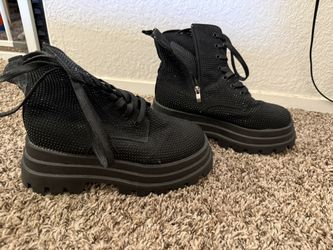 Black Rhinestone Chunky Platform Combat Boots - Size EU 39 (US 8/8.5)