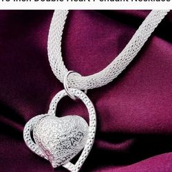 .925 Solid Sterling Silver Necklace with Double Heart pendant
