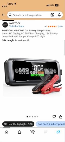 MOSTOOL M8 6000A Car Battery Jump Starter (Smart HD Display, PD 60W Fast Charging)