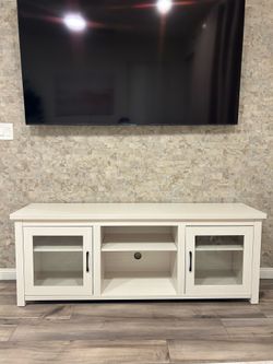 White TV Stand with Glass Door Cabinets