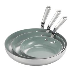 Tramontina 3-piece Tri-Ply Clad Stainless Steel Ceramic Nonstick Fry Pan Set=Kit-343