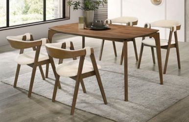 Brand New Walnut & Beige Mid-Century Modern Style 5pc Dining Table Set