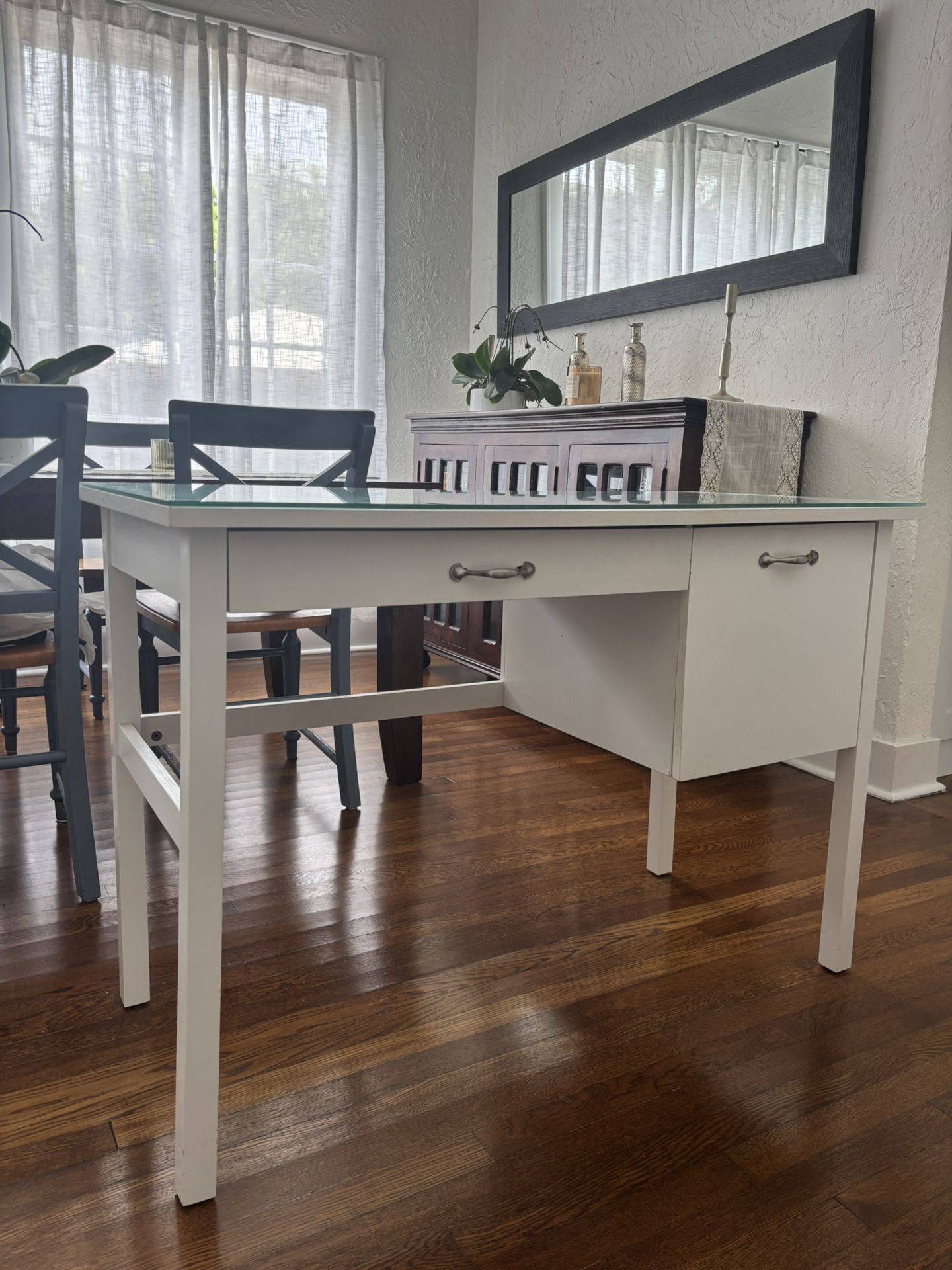 White Wood Desk/ Vanity With Glass Top