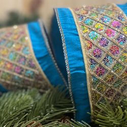4 in Multi Sequin Diamond Trim Blue Dupion Wired Christmas Ribbon Holiday Crafts