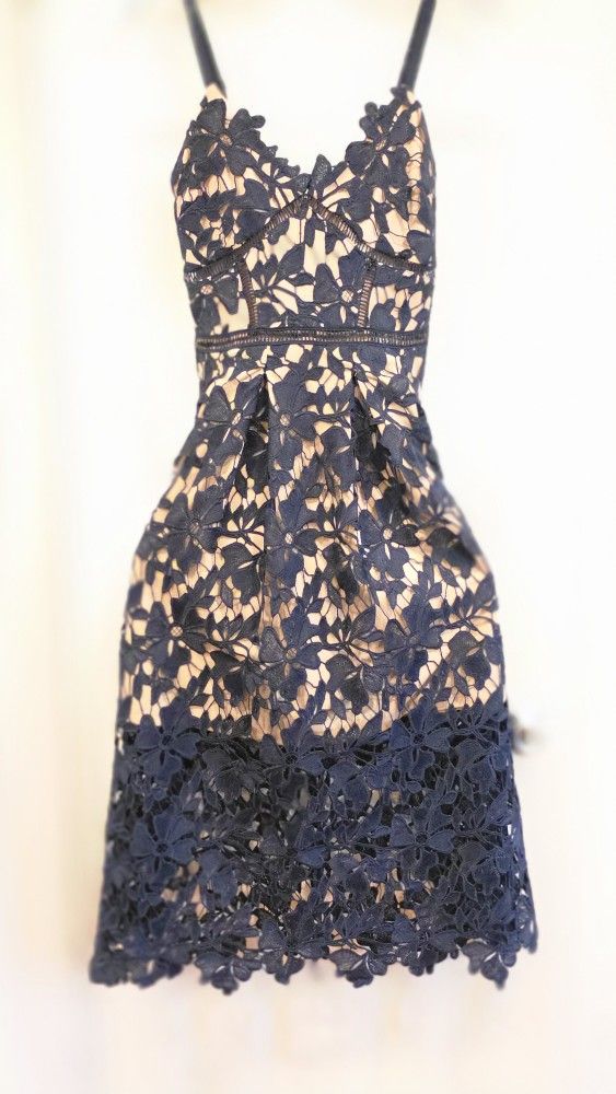 Pleated Navy Blue Lace Pattern A-line Cami Dress