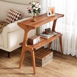 Tribesigns Solid Wood End Table, 2-Tier Mid Century Modern Side Table, Narrow Tall Couch Side Table with Storage Shelf for Living Room, Farmhouse Skin