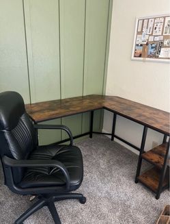 L-Shaped Desk with Shelves and Office Chair