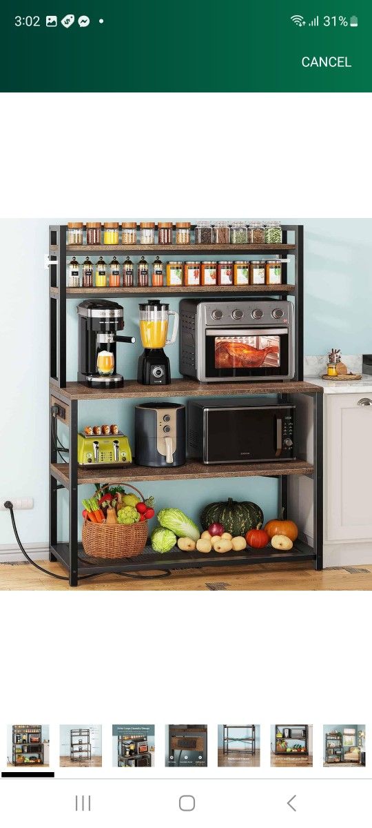 Denkee Large Bakers Rack with Power Outlets, 38 Inch Microwave Stand with Storage, 5-Tier Coffee Bar Stand, Industrial Kitchen Shelf Rack, Rustic Brow