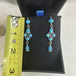 925 Sterling Silver , Beautiful Genuine Turquoise Dangle Earrings , Hallmarked, Just Under 2in Long , Great Condition , Hallmarked In Photos 