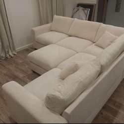4-pc Sectional Sofa With Ottoman Ivory Corduroy Brand New