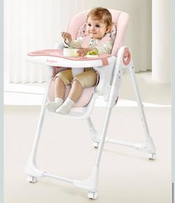 Foldable High Chair with Soft Cushion, High Chairs for Babies and Toddlers, Height Adjustable Feeding Chair, Adjustable Backrest and Footrest, Lockabl