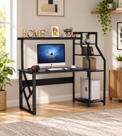 Computer Desk with 4-Tier Storage Shelves, 60 inch Large Modern Office Desk Computer Table Studying Writing Desk Workstation with Hutch, Bookshelf and