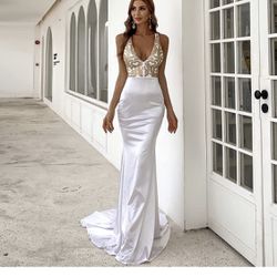 Miss ord Women’s Plunging Neck Crisscross Satin Maxi Prom Dress, Sequin Sleeveless Floor-Length Evening Gown