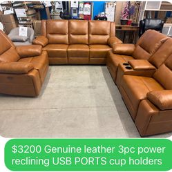 Caramel Color 3pc Full Reclining Chair Loveseat And Couch With USB Ports Power Reclining 