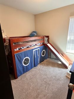 MOVING SALE - Boys loft bed with slide and twin mattress