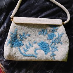 Vintage 1950's Fully Beaded Hong Kong Purse Tote Clutch Bag 50's Satin inside with small pocket