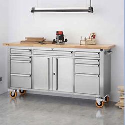 Brand New TRINITY PRO 72" Stainless Steel Rolling Workbench with Adjustable-Height Top