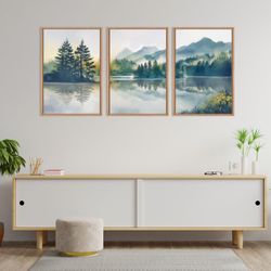 Brand NEW HPNIUB Large Green Mountain Framed Canvas Wall Art Set, Nature Foggy Forest Lake Reflection Wall Decor,Modern Pine Tree Artwork,Watercolor L