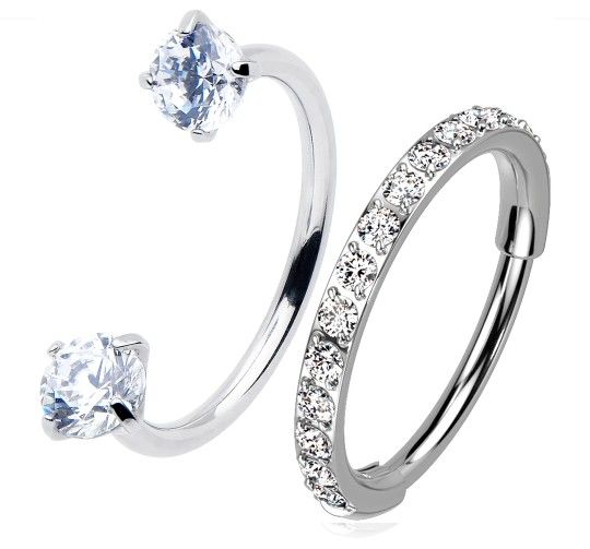 Double Gem U Hoop Titanium Mircro Gem Hoop Double Piercing Nose Ring Pack