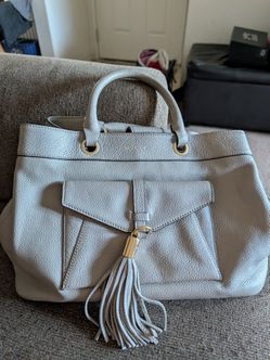 Gray Leather Tote Handbag with Tassel
