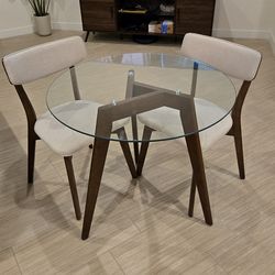 Modern Round Glass Dining Table + 2 Mid-Century Chairs – Excellent Condition