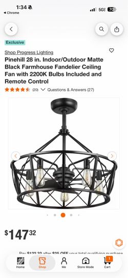 Shop Progress Lighting Pinehill 28 in. Indoor/Outdoor Matte Black Farmhouse Fandelier Ceiling Fan with 2200K Bulbs Included and Remote Control