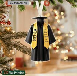 2D Flat, 2026 Graduation Acrylic Hanging Decor, Class of 2026 Graduation Keepsake, Black Gown & Yellow Stole Acrylic Pendant, $2