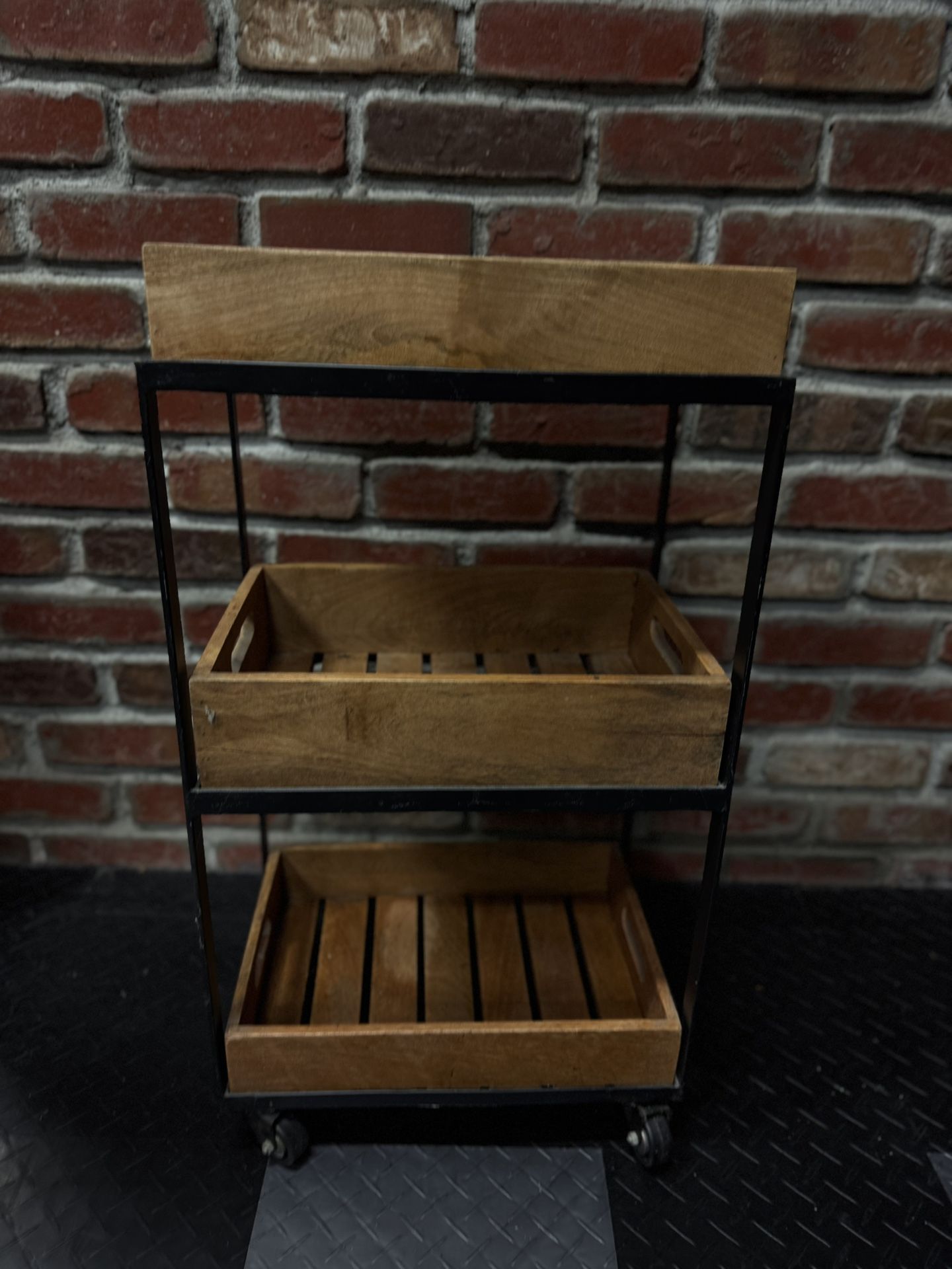 Rolling Steel And Wooden Cart 36”x12x16Donna Sculpture From Murano