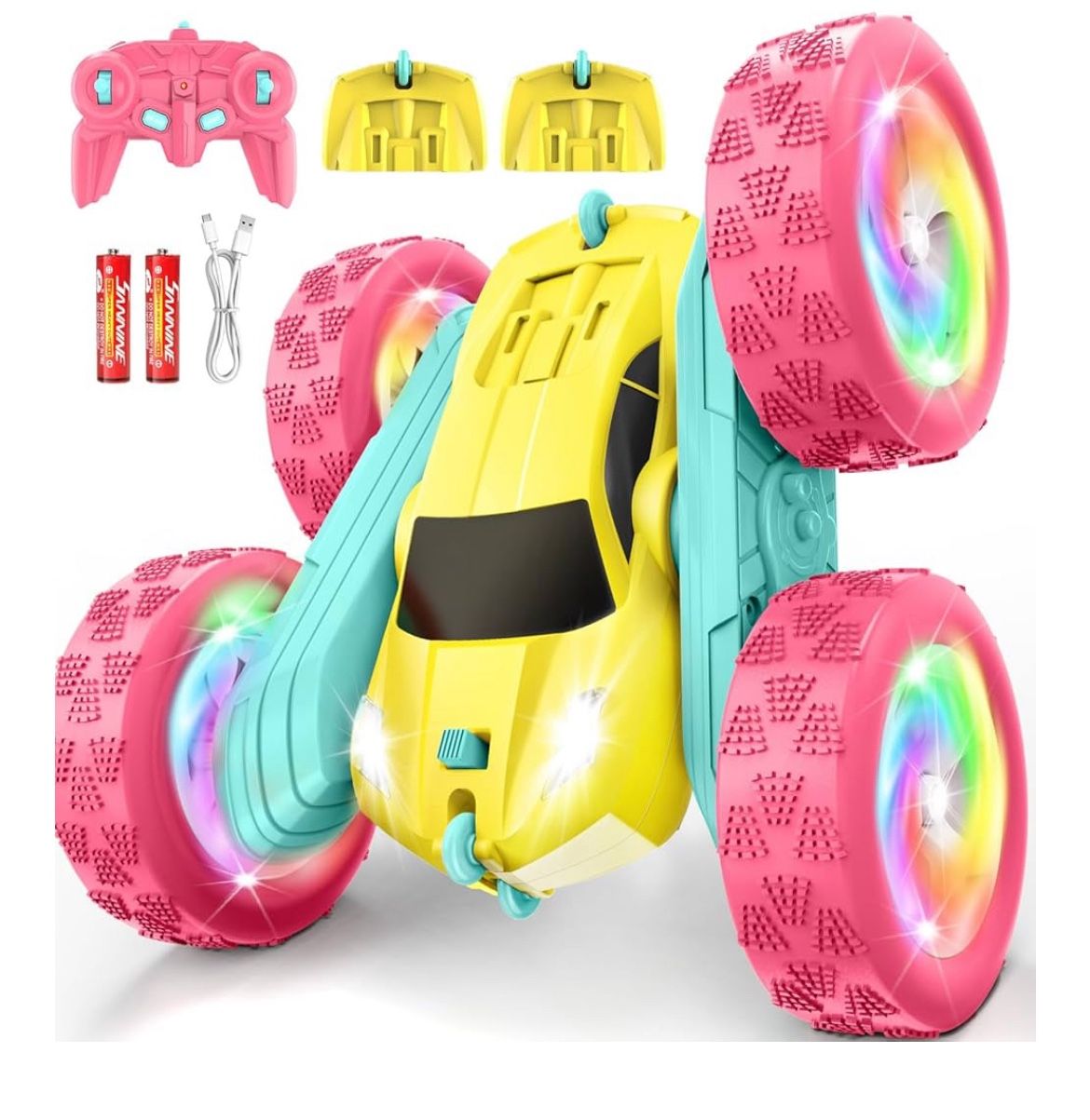 Brand: FDCTR Remote Control Car, RC Cars for Girls, Double-Sided 4WD Stunt Car with RGB Lights & 360° Flips, USB-C Modular Batteries, Toys for Ages 5–