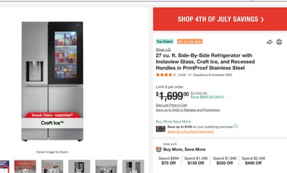 LG 27 cu ft InstaView Side‑by‑Side Refrigerator – Stainless Steel – Dual Ice / Craft Ice – Wi‑Fi Smart Retail $1799 plus Tax