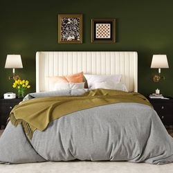 Full Size Velvet Bed Frame, Upholstered Wingback Headboard, Cream 47'' Modern Vertical Channel Headboard, Platform Bed, Strong Wood Slats, No Box Spri