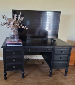 Large Black Sturdy Solid Wood Desk With Deep Drawers