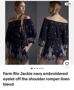 Farm Rio Jackie navy embroidered eyelet off the shoulder romper linen blend