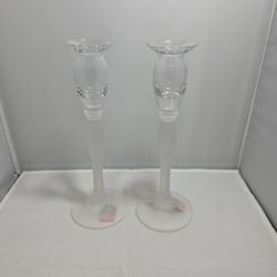 2 Elegant Mikasa Ballet Single Light Clear/Frost Glass Taper Candlesticks (CU)