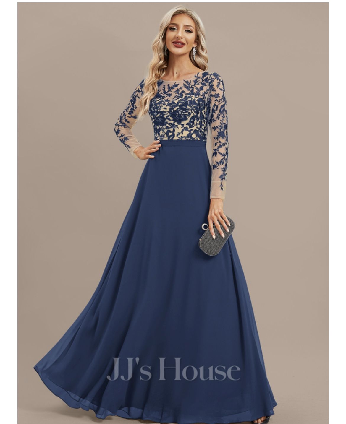New With Tags: A-line Scoop Illusion Floor-Length Lace Chiffon Evening Dress - Size 12, Navy Blue.